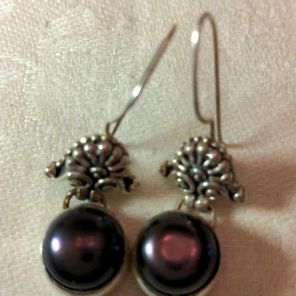 Peacock pearl sterling Silver earrings. Bali crafted Dangle drops,1 1/2"New